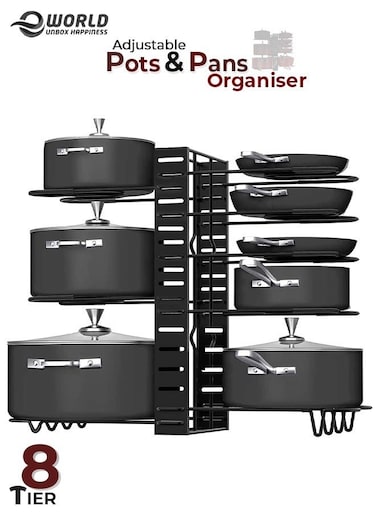 Pot Rack Organizer with 3 DIY Methods, 8 Tiers Adjustable Stand for Organising Pans and Cookware Kitchen Cabinet and Counter