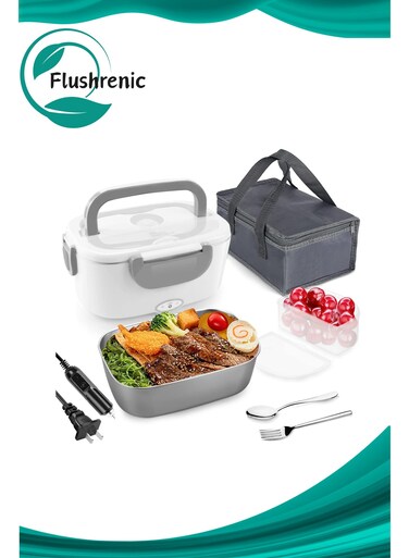 Electric Lunchbox, 3-in-1 Portable Food Warmer, Dual-Use Car and Home Lunchbox, Leak-Proof Design, Microwave Heating Function, Featuring Removable 304 Stainless Steel Container, 1.5 Litre Capacity, Compatible with 110V/12V/24V Voltage, Suitable for Office and Vehicle Use (Light Grey)