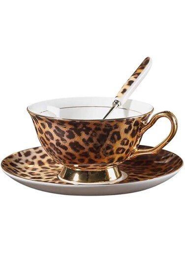 YBK Tech Euro styles Tazza &amp; Piattino Impostato Arte Osso Cina Ceramica T&egrave; Caff&egrave; Tazza per Casa Cucina Matrimonio (Leopardo Modello)