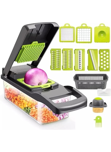 MAGA ZONE 12-in-1 Multi-Functional Vegetable Chopper - Precision Cutting with Rust-Proof Stainless Steel Blades - Compact, Space-Saving Design (Black)