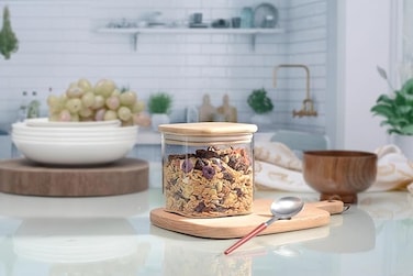 ORCHID SQUARE BORO GLASS JAR W/BAMBOO LID 750ML