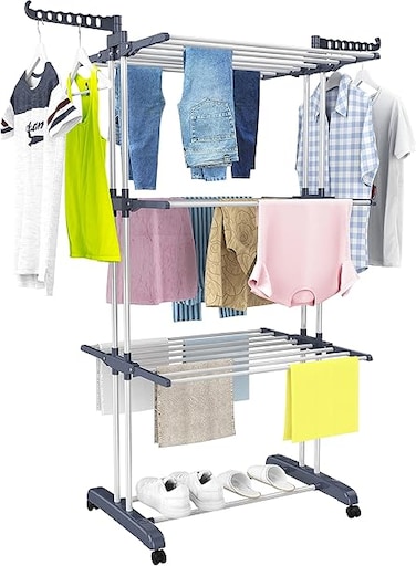 Clothes Drying Rack, Oversized 4-Tier(67.7" High) Foldable Stainless Steel Movable Drying Rack with 4 castors, 24 Drying Poles &amp; 14 Hooks for Bed Linen, Clothing, Grey