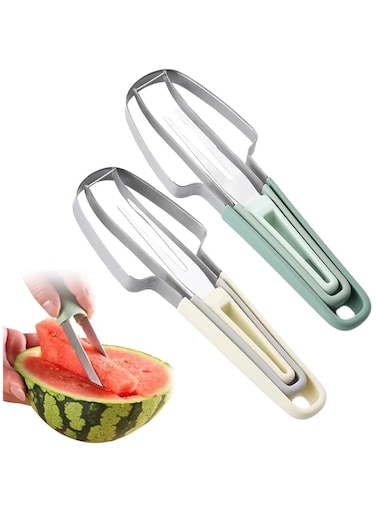 KASTWAVE 3-in-1 Watermelon Fork Slicer Cutter, Stainless Steel Watermelon Popsicle Cutter Slicer Tool, Quickly Watermelon Fork Fruit Cutting Tool Fruit Cutter for Camping Kitchen Gadgets (Green+Beige)