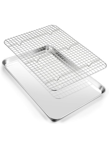 16 Inch Baking Pan with Rack Set, Stainless Steel Oven Sheet Pan Tray with Cooling Rack, For Cookies, Bacons, Meat, Non-toxic &amp; Heavy Duty, Rust-free &amp; Dishwasher Safe - 1 Pan &amp; 1 Rack (40.5*30.5cm)