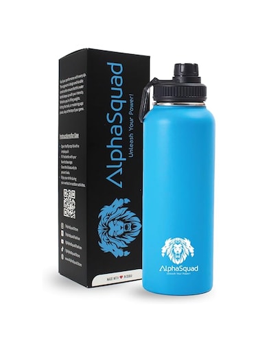 AlphaSquad 40oz / 1200ml Vacuum Insulated Water Bottle, Double Walled Thermolab series Stainless Steel Water Drinking Flask with Straw Lid, 2 Lids included, Hot Cold Thermos, Sports Bottle (Blue)