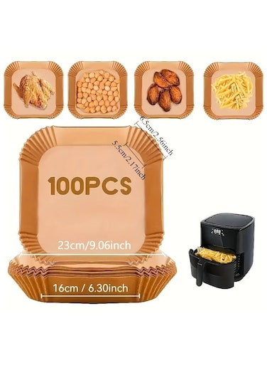 100Pcs Air Fryer Disposable Paper Liner   Square Non-Stick Baking Parchment Paper &acirc;&euro;&ldquo; Waterproof &amp; Heat-Resistant 16cm (6.3 Inch) for Air Fryer   Microwave, Oven   Roasting.