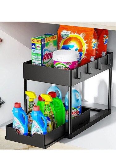 Kitchen Storage Rack Under Sink Organizer Bathroom Cabinet Organization 2 Tier Pull-Type Sliding with Hook Sink Shelf for Countertop Laundry