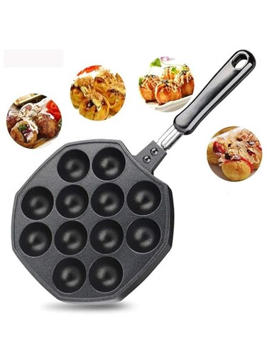 KMjungu 12 Cavities Aluminum Alloy Takoyaki Pan Maker Baking Forms Mold Cooking ToolsPortable Saucepan,Toxin Free Cooking Pot,Outdoor Camping Campfire,BBQ 1#