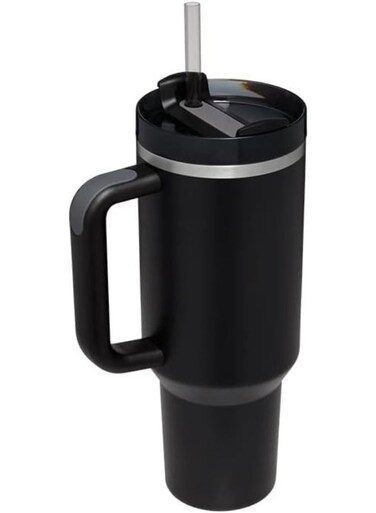 Insulated Stainless Steel Travel Mug 40oz (1200ML) with Handle, Straw &amp; Lid, Double Wall Vacuum Tumbler, Leak Resistant Coffee Cup, Car Cup Holder Friendly, Keeps Drinks Hot &amp; Cold for Travel, Office Black