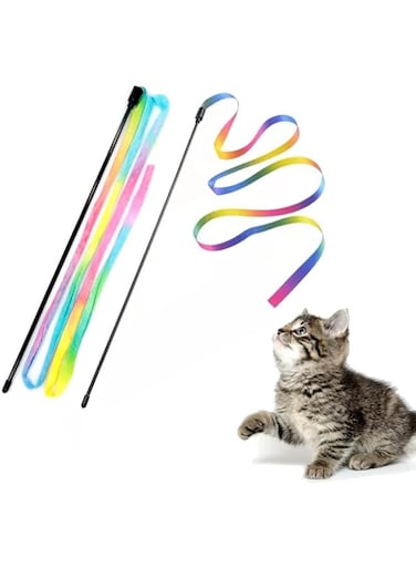 LASOCUHOO Interactive Cat Rainbow Wand Toys, Interactive Cat Teaser Wand String, Colorful Ribbon Charmer for Most Cats and Kittens - 2 Packs