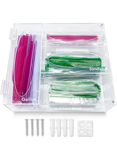 ClutterKit Clear Acrylic Bag Organizer, Kitchen Drawer or Wall Food Baggie Box, fits plastic Ziplock Sandwich, Freezer, Snack, Quart, Variety resealable storage bags