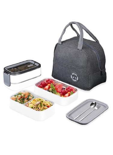 Stainless Steel Lunch Box - Insulated Bento Box Multifunctional Containers Food Containers with 2 Compartments,Tableware, Nylon insulation bag (Grey)