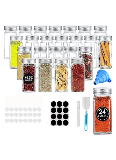 24 PCS Glass Spice Jars with Labels, 120ml for Spice Cabinet Rack Drawer Empty Seasoning Jars, 1 Pen, 1 Funnel for Herbs Seeds and Small Items Shaker Lids, Sponge Brush