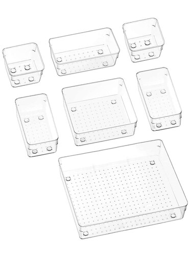 7-Piece Plastic Clear Desk Drawer Organizers Trays Set For Bedroom Dresser Makeup Kitchen Utensil Office