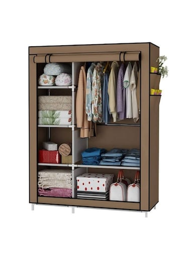 Portable Wardrobe Clothes Storage Organizer, Fabric Wardrobe for Clothing, Wardrobe with 6 Shelves and Hanging Rod, Non-Woven Fabric Cover with 4 Side Pockets