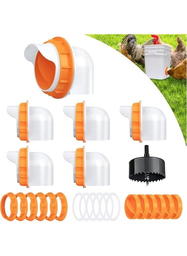 Ankila DIY Chicken Feeder No Waste 6 Ports, Automatic Poultry Feeder with 6 Stopper &amp; 1 Hole Saw, Weatherproof Reusable Gravity Chicken Food Feeders Kit for Buckets, Barrels, Bins, Troughs, Orange