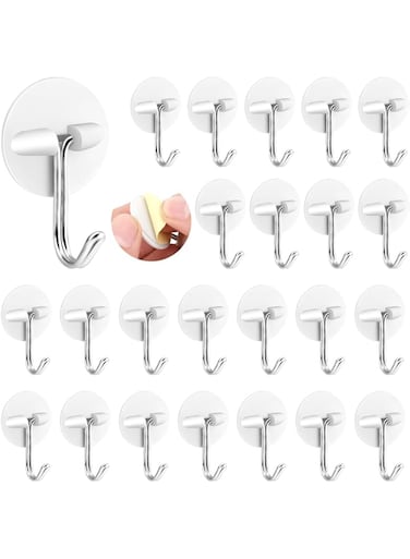 Round Plastic Hooks, 24 Pcs Small Self Stick Hooks, for Hanging Wall Hooks White Self Adhesive Hooks, Seamless Self Sticky Hook, Waterproof Oil Proof Stainless Hooks, for Kitchen Bathroom Office