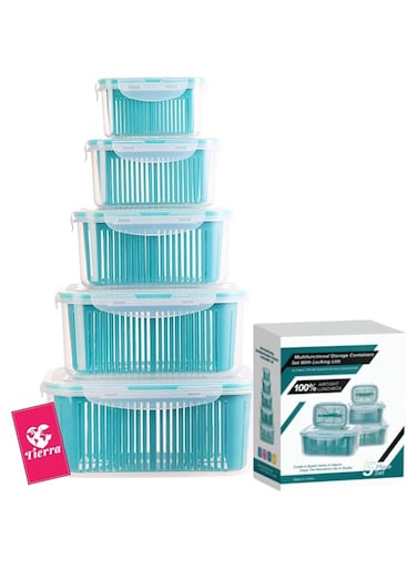 TIERRA Fridge Food Containers [Set of 5], Fridge Organizers and Storage for Fresh Vegetable &amp; Fruits - Food Storage Container for Salad Meal Prep Container Set with Draining Basket (Blue)