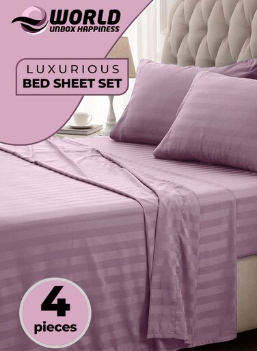 4-Piece Luxury Pink Striped Bedding Set Includes 1 Regular Bedsheet, 1 Fitted Bed Sheet, and 2 Pillow Cases for Ultimate Hotel-Inspired&Acirc;&nbsp;Sophistication in King, Queen and Single Sizes