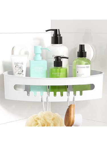 Luxear Corner Shower Shelf with Suction Cup, No Drilling Reusable, Large Wall Storage Basket for Bathroom/Bedroom/Kitchen, White, 8 kg