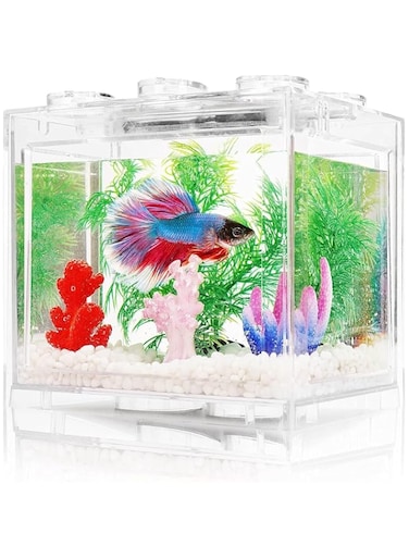 Small Beta Fish Tank, aquarium fish tank kit with LED lighting, 2.5 liters stackable Beta fish tank kit, decorated with fish tank accessories such as turtles, reptiles, shrimp, moss, crabs (Style 1)