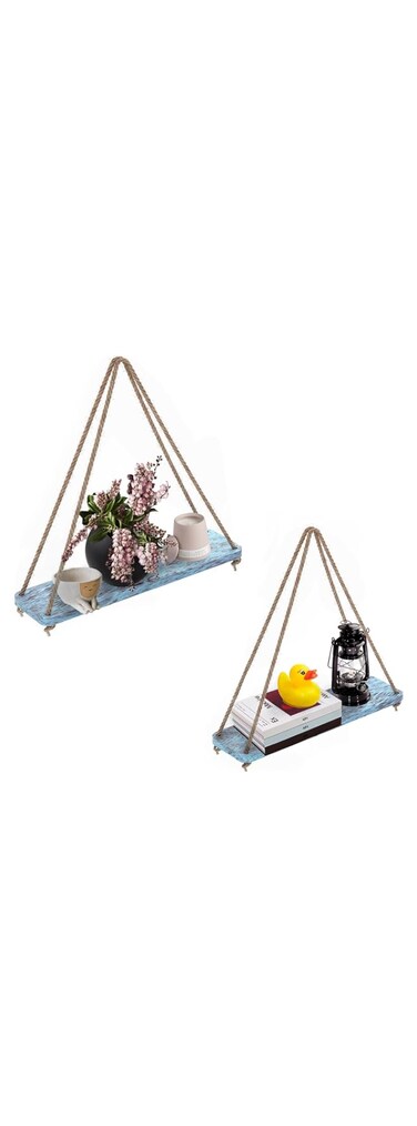 BPA Rustic Set of 2 Wooden Floating Shelves with String &ndash; Farmhouse Hanging Shelves for Living Room Wall &ndash; Small Kitchen Shelves with Rope &ndash; 17&rdquo;x5.2&rdquo; &ndash; Distressed, Rustic Blue Color