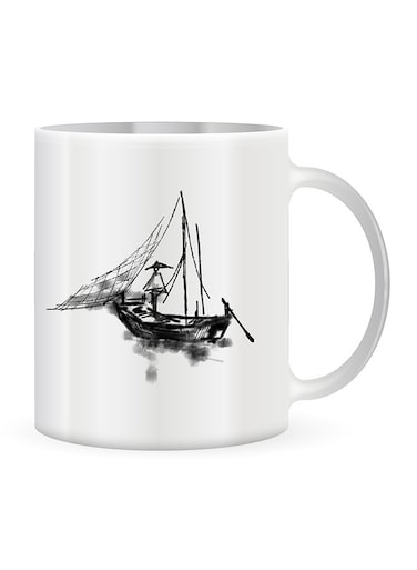 Ceramic Coffee Mug With Ink Painting Boat Design White