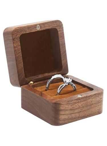 Oasisgalore Wooden Ring Box for Wedding Ceremony 2 Slots,Small Square Solid Wood Double Ring Holder Case Box,Vintage Ring Bearer Box for Engagement Proposal,Rustic Jewelry Gift Storage Box-Brown