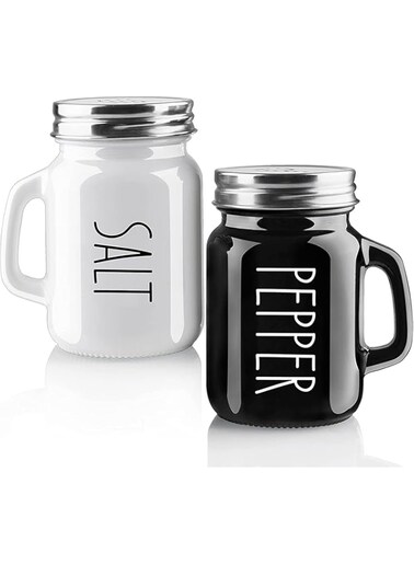 ChicAbode Farmhouse Salt and Pepper Shakers Set, 2 Pcs Cute Salt Pepper Shaker, Modern Farmhouse Kitchen Decor for Home Restaurants Wedding, Vintage Glass Black White Shaker Sets With Grip, 4 oz