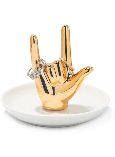 Lynagert I LOVE YOU Hand Ring Holder Ring Dish Ceramic Jewelry Holder Dish Trinket tray for Rings Earrings Necklace Organizer, Engagement Wedding Ring Holder, Christmas Birthday Gifts (Golden)