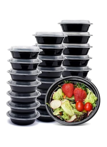 [10 Pack] Compartment Round Black Base with Lids Food Storage Container(32 oz) RO 32   Disposable Food Container   Meal Preparation Containers   Lunch Boxes Microwave   Freezer Safe (1 - Compartment)