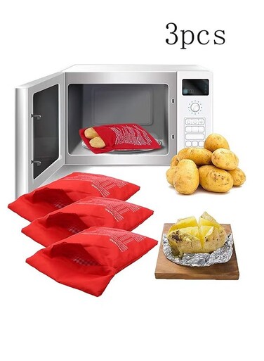 Microwave Potato Bag, Reusable Express Microwave Potato Cooker Bag, Baked Potato Cooker Perfect Potatoes 4 Minutes, Red Baked Pouch, 19x25cm 3 Pack