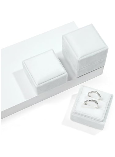 Velvet Ring Box Double Slots Gift for Proposals, Engagement and Wedding Band Photographs - Square Jewelry Ring Boxes (white)