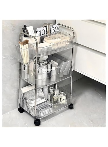 PYEBE 2-Tier Utility Rolling Cart Storage Organizer Sofa Side Table with Wheels, Under Desk Mobile Trolley Organizer with Handle and 2 Hanging Baskets for Office Home Kitchen Organization (3-Tier)