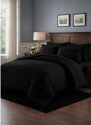 Cotton Luxury Striped Black Duvet Cover Set 6 Pieces King Size 220&Atilde;&mdash;240 cm &acirc;&euro;&ldquo; Ultra Soft Microfiber Bedding Set with Fitted Sheet 180&Atilde;&mdash;200 cm &amp; 4 Pillowcases, Breathable, Wrinkle Resistant, Hotel Quality