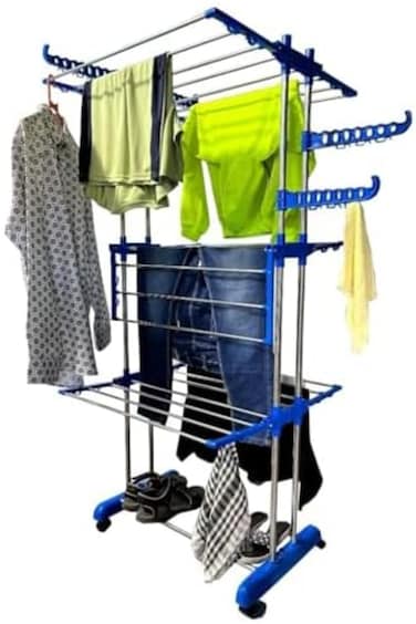 Double Pipes Stainless Steel Cloth Drying Stand with Wheels &ndash; Foldable 3-Tier Floor Dryer R