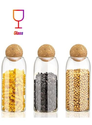 Glass Jar with Ball Cork Lid, Glass Canister with Wood Lid, Storage Container Jars for Coffee, Tea, Spice, Sugar, Salt, Set of 3 (1200ml)