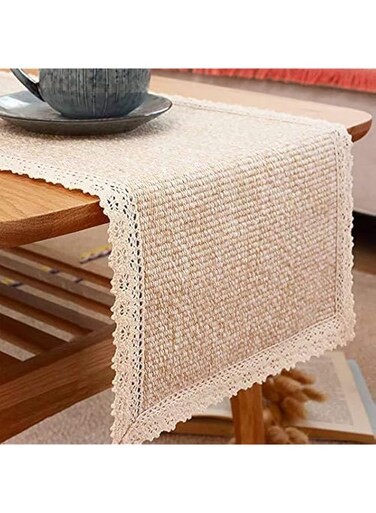 Mtoye Burlap Cream Lace Table Runners Table Runner, Fashion Contracted Tea Table Cover Table Linen for Restaurant Kitchen Dining Wedding Party Banquet Events Farmhouse Decor (12" W x70 L)