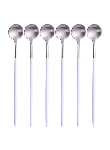 HOME 6-Piece Long Handle Iced Tea Spoon Set White/Silver 20centimeter