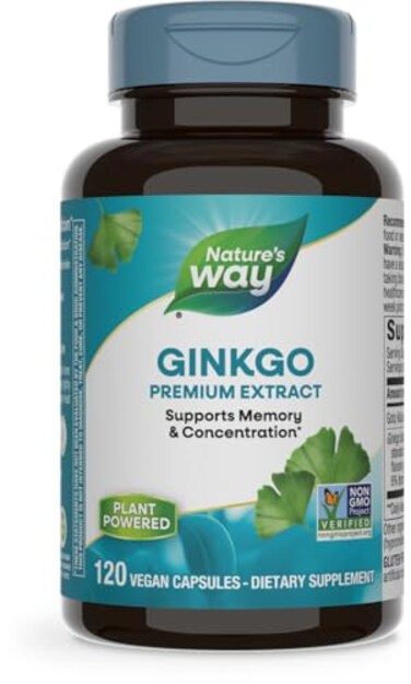 Nature's Way Ginkgo Premium Extract, Supports Memory &amp; Concentration*, 120 Mg Ginkgo Biloba Extract Per 2-Capsule Serving, With Gotu Kola, Vegan, Gluten Free, 120 Capsules (Packaging May Vary)
