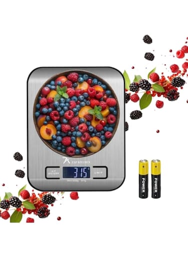 Digital Food Scale, High Precision Kitchen Scale, Measures in Grams and Ounces for Cooking and Baking, 5 Units with Tare Function, Stainless Surface (Batteries Included) - Silver