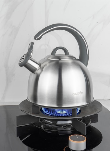 Cuisine Art KAHL Stainless Steel Whistling Tea Kettle 3.0L, Silver, Capsule Bottom, Grey Nylon Soft Touch Handle, Satin Finish, Multi-Layer Base, Suitable for use on all stove tops