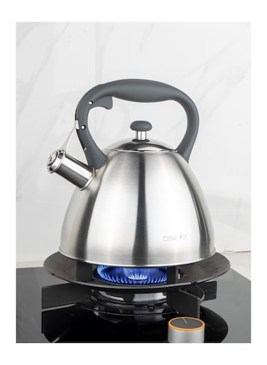 Cuisine Art BRIN Stainless Steel Whistling Tea Kettle 2.5L, Silver, Nylon Handle, Satin Finish, 201 Stainless Steel, Soft Touch Coating, 18/0 Single Bottom, Suitable for use on all stove tops