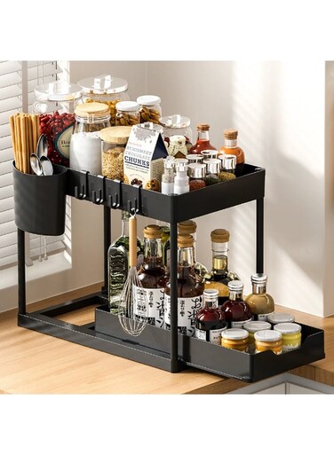 Sink Organizer, 2 Tier Pull-Out Storage Rack with Hooks &amp; Cup for Kitchen &amp; Bathroom, Multi-Purpose Countertop Storage Shelf with Sliding Drawer for Spice and Condiment (Black)