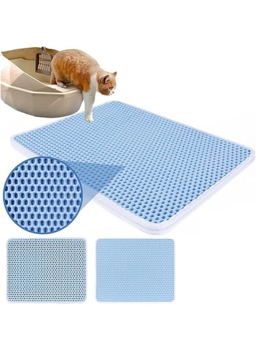 Cat Litter Mat Cat Litter Trapping Mat, Litter Box Mat, Honeycomb Double Layer Design, Super Soft EVA material, Urine And Water Proof Material, Scatter Control, Easy Clean Washable (Blue, 60x45cm)
