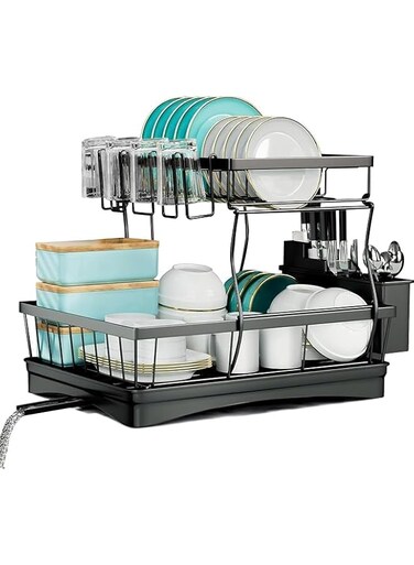 kitchen stand - Dish Drying Rack With Drainer - dish stand for kitchen -Large Antibacterial - dish holder - Cutlery Rack - Large Capacity for Kitchen Countertop Saving Space (Black）