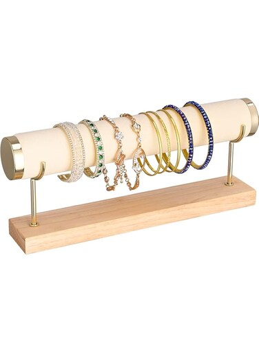 KASTWAVE Elegant Velvet Jewelry Organizer Stand - T-Bar Display for Necklaces, Watches &amp; Rings - Stylish Beige Tiered Holder for Home &amp; Retail