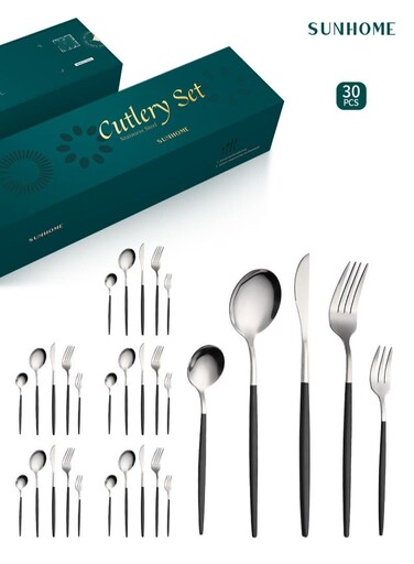 30-Piece Stainless Steel Cutlery Set Kitchen Utensil Set Western Tableware Suitable For Home Kitchen Restaurant Hotel Party Dining Picnic Dining Exquisite Packaging Gift Black/Silver