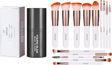 Young Glam Daily Essential Makeup Brushes 14 Pcs Brush Set, Premium Synthetic Foundation Powder Concealers Eye Shadows Makeup Brushes White Golden with Black Travel Case