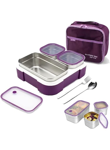 GGEROU Stainless Steel Lunch Box for Kid School,Insulated Bento Lunch Box with Tableware &amp; Bag,720ML 3 Compartment Divided Lunch Containers with Lids,Leakproof   BFA Free   Dishwasher Safe (Purple)